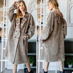 Oli & Hali Brown Corduroy Plaid Hooded Trench Coat XL
